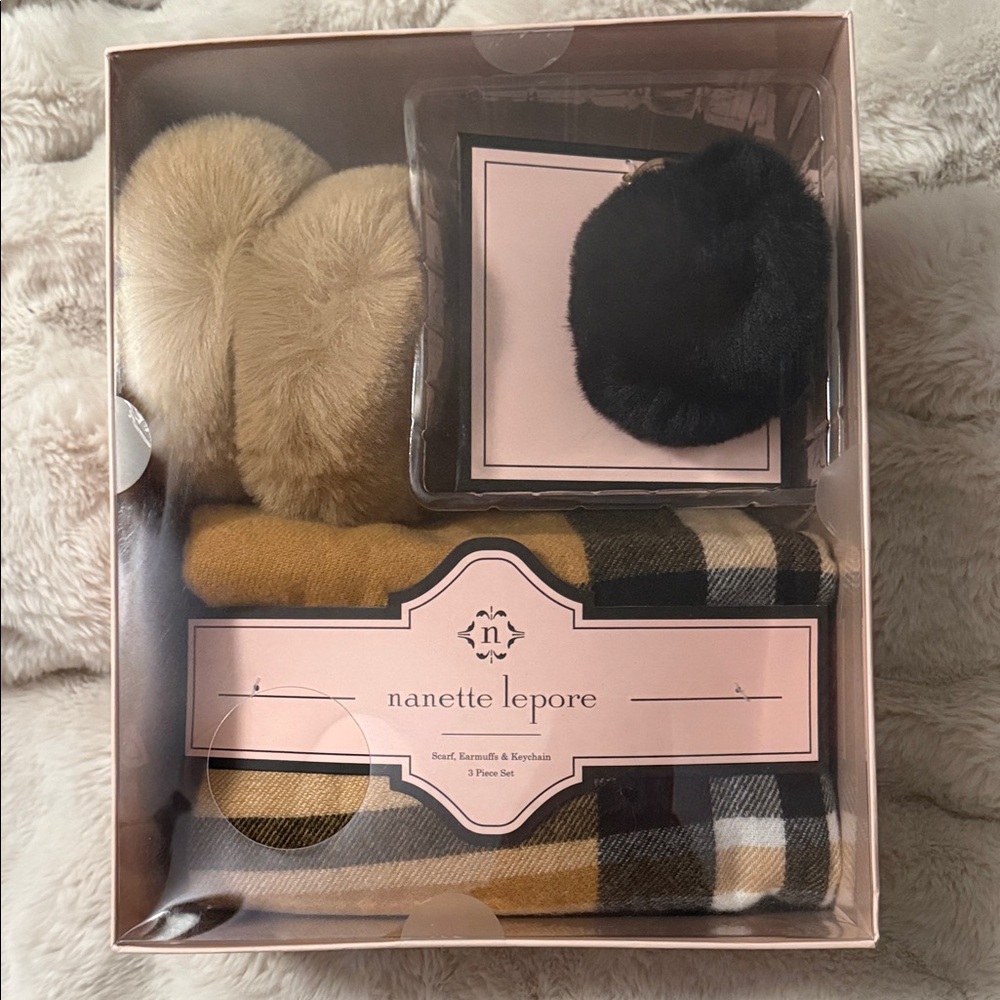 Nanette Lepore Tan and Black Plaid Scarf and Earmuff Set